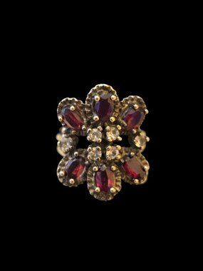 Vintage Sterling Silver Garnet & Clear Stone Flower Cluster Ring Size 5.5